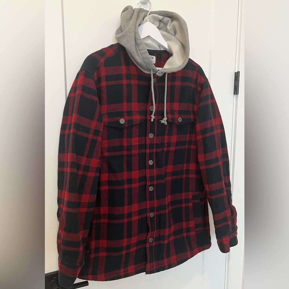 Duluth Trading Co Men Fire Hose Flannel Lined Hooded Limber Jac Red Blue Plaid M - Picture 3 of 9